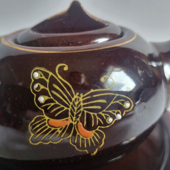 Vintage Brown Ceramic Teapot With Lid & Saucer Hand-Painted Floral & Butterfly D - Picture 7 of 11